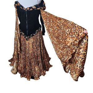 Vintage 60s Leopard Print Pleated Full Skirt Flamenco Dress Women S Black Gold